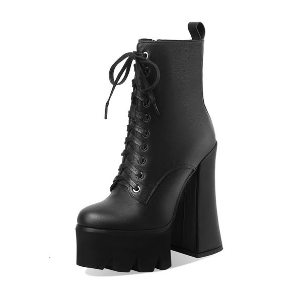 

asumer genuine leather shoes younger women round toe zip cross tied super high heels women's boots, Black
