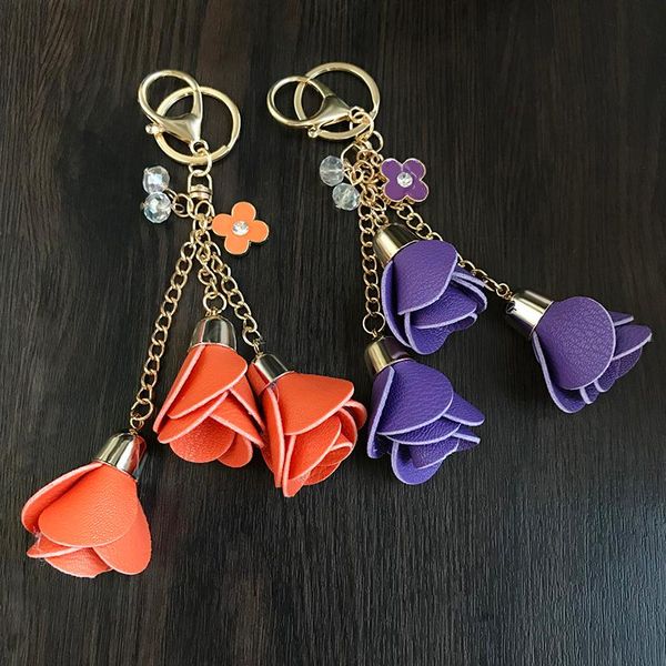 

keychains metal flower crystal car key chain 17 color leather keychain charm bag pendant accessories ring girl women gifts, Silver