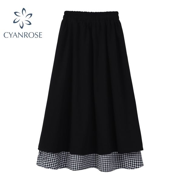 

plaid spliced black skirts women and preppy style girl high waist elastic vintage streetwear clothes korean loose clothing 210430