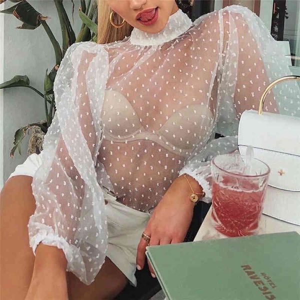 

elegant women transparent puff sleeve shirts fashion ladies turtleneck polka dot sweet female chic solid blouses 210430, White