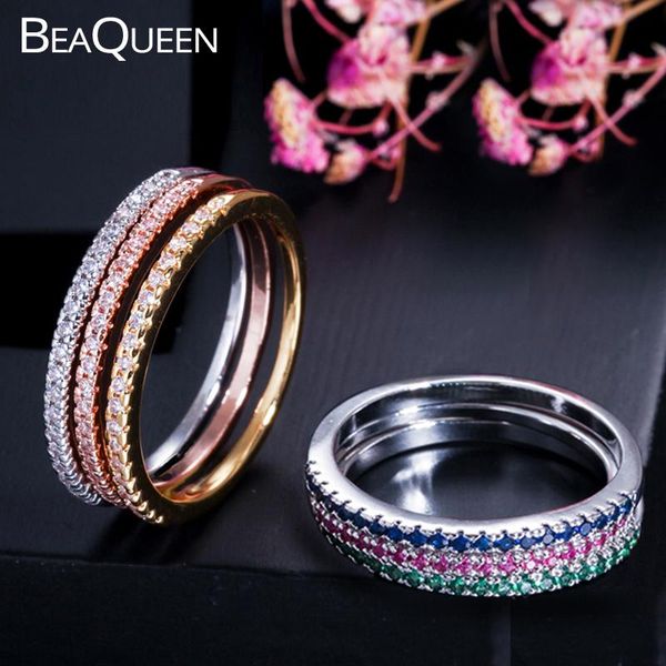 

cluster rings beaqueen fashion multicolor cubic zirconia pave setting rose gold color simple circle round ring sets for women jewelry r001, Golden;silver