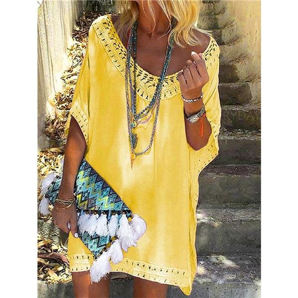 

women's swimwear 2021 women loose beach dress tunic solid bikini cover up swimsuit beachwear hollow out robe de plage, White;black