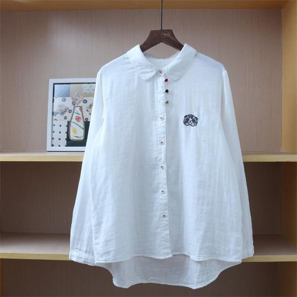 

women's blouses & shirts japan style mori girl turndown collar color button white shirt cute cat embroidery long sleeve women blouse