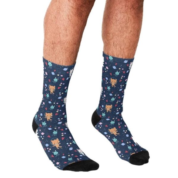 

men's socks 2021 funny cats in space pattern printed hip hop men happy cute boys street style crazy for, Black