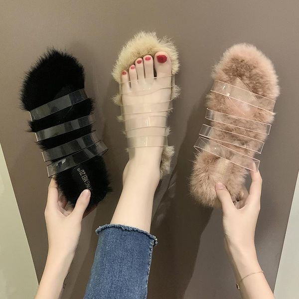 

slippers open toe outside shallow fluffy fur women flat with casual ladies slides mature solid winter shoes, Black