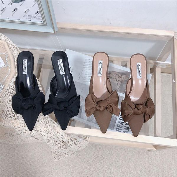 

slippers 2021 fashion women pointed toe shallow slip on mules shoes black/brown summer outdoor slides size 35-39 bow