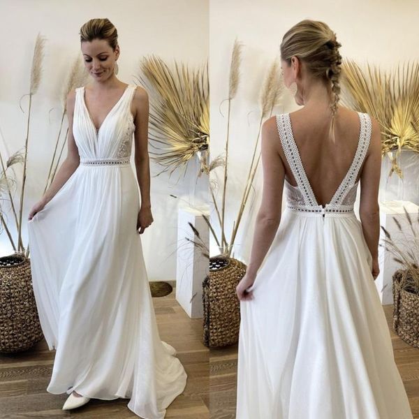 

other wedding dresses chiffon beach a line lace deep v neck backless bohemian bridal gowns custom made women robe de mariÃ©e, White
