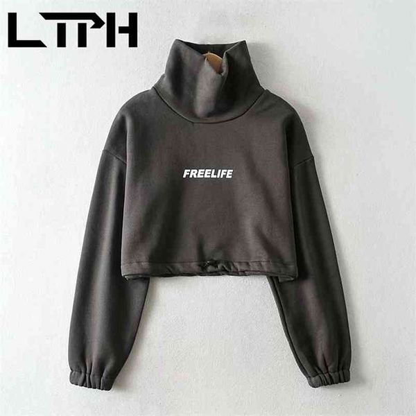 

ltph loose turtleneck womens sweatshirts pullover letter long sleeve short drawstring warm sweatshirt spring autumn 210423, Black