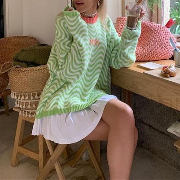 

women's sweaters girls long sleeve knitwear, autumn winter ladies stripes letter embroidery round collar casual loose sweater knitted, White;black