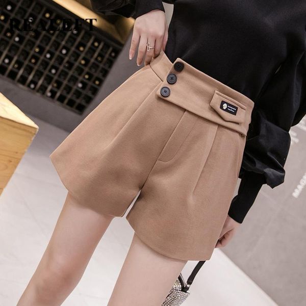

autumn winter chic woolen women's shorts button high waist casual wide leg short elegant female trousers pocket, White;black