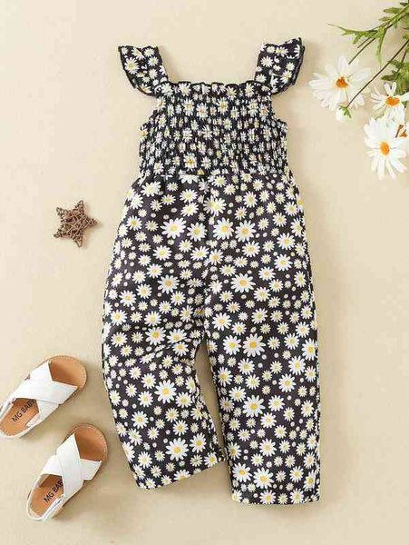 

baby daisy print shirred ruffle trim jumpsuit she, Blue
