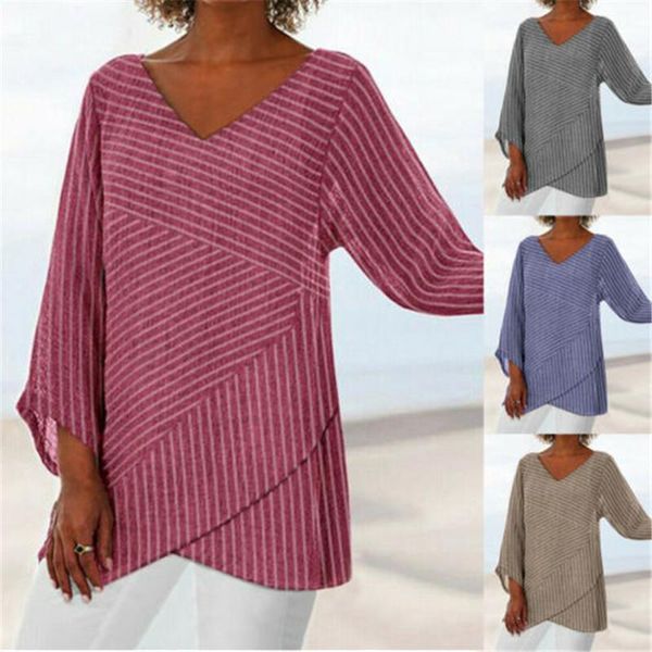 

women's blouses & shirts women asymmetrical casual blouse 2021 fashion striped v neck tunic split short sleeve tee female summer chemi, White