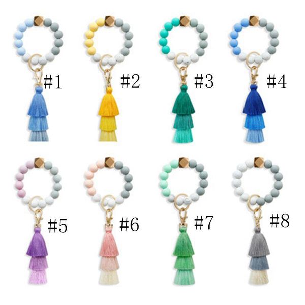

silica gel bead key ring female food grade silicone bracelet key ring tassel elastic rope beaded hand string key pendant, Silver
