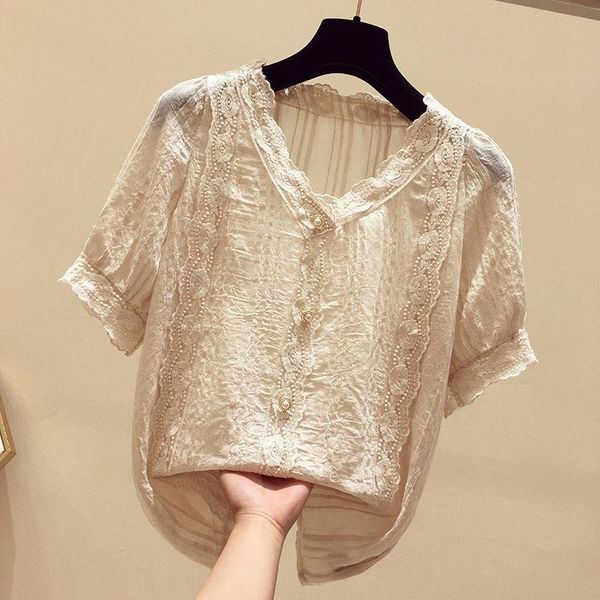 

women's blouses & shirts korean lace chiffon blouse 2021 summer slim women plus size loose shirt female v-neck, White