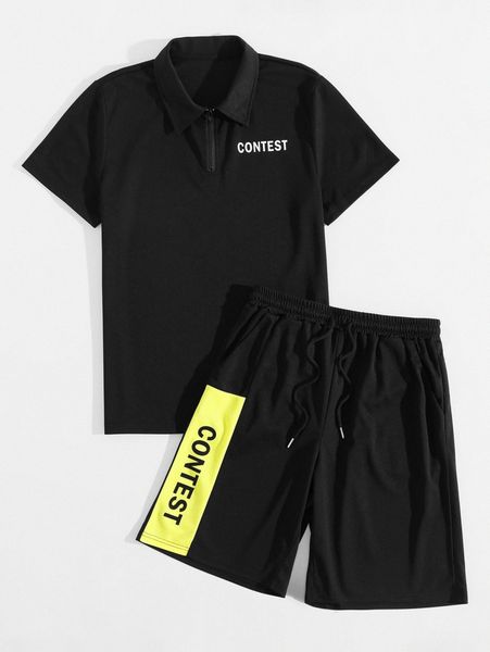 

men letter graphic polo neck tee & drawstring waist shorts 96bs#, Gray