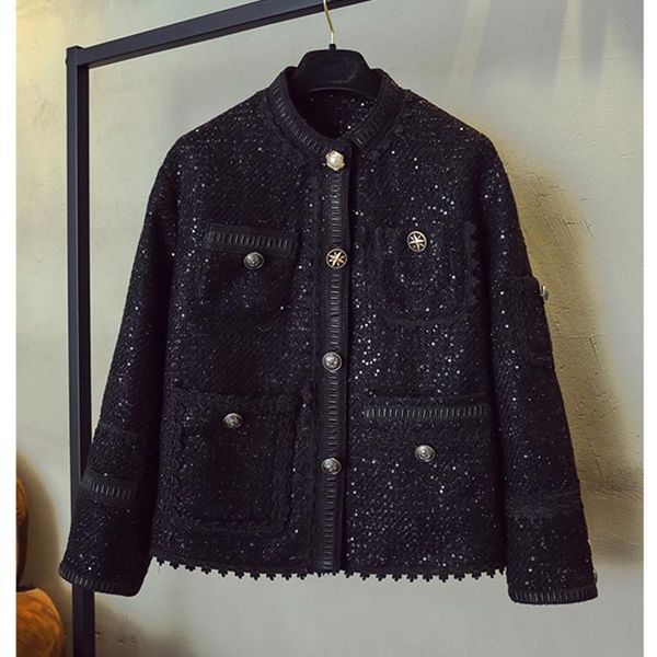 

women's wool & blends 2021 spring autumn high-end quality tweed fashion women elegant pockets coat c002, Black