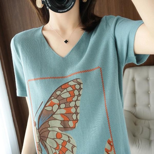 

women's t-shirt 2021 summer cotton and linen knitted short sleeve v-neck striped printed loose half top, White