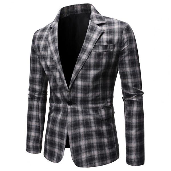

men's suits & blazers business blazer single button men lapel casual long sleeve plaid print suit coat workwear formal, White;black