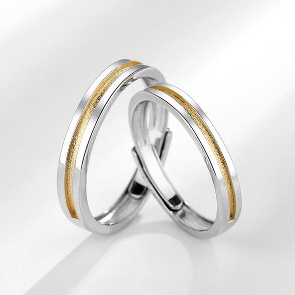 

cluster rings 925 sterling silver ring geometric lovers for women men elegant two-color groove gold couple fine jewelry, Golden;silver