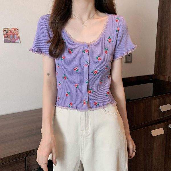 

women's t-shirt summer floral short cropped short-sleeved knitted for women, White