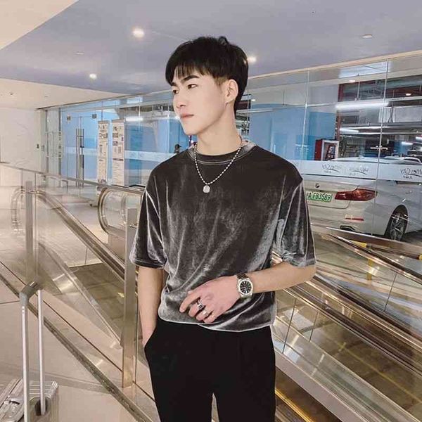 

men's t-shirts summer gold velvet t-shirt slim fashion casual o-neck t shirt men streetwear korean loose short-sleeved tshirt mens, White;black