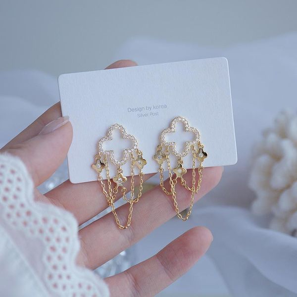 

dangle & chandelier 2021 charm 14k real gold long style tassel earring for lady elegant zirconia drop feminia gorgeous jewellery accessories, Silver