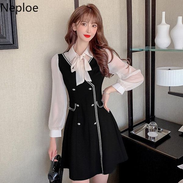 

casual dresses neploe women dress 2021 spring summer korean fashion bow lace up turn down collar slim vestidos elegant fake two piece, Black;gray