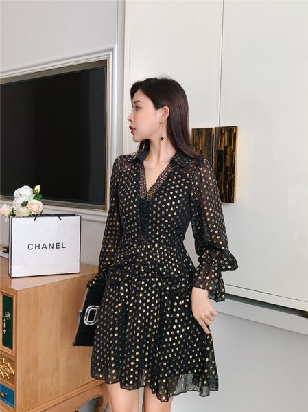 

casual dresses new women fashion polka dot sleeveless v-neck print dress dot stitching elegant ruffle dress vysq, Black;gray