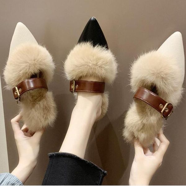 

women slippers mules shoes woman long fur warm winter outdoor 2021 pointed tip warmth d662, Black