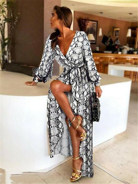 

boho women v neck leopard slit long dress holiday ladies summer print maxi wrap sun casual dresses, Black;gray