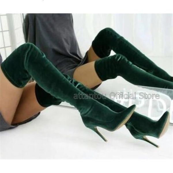 

elastic suede leather blue pointer winter fit long womens boots on thin knee high heels thigh longer boot size 43, Black