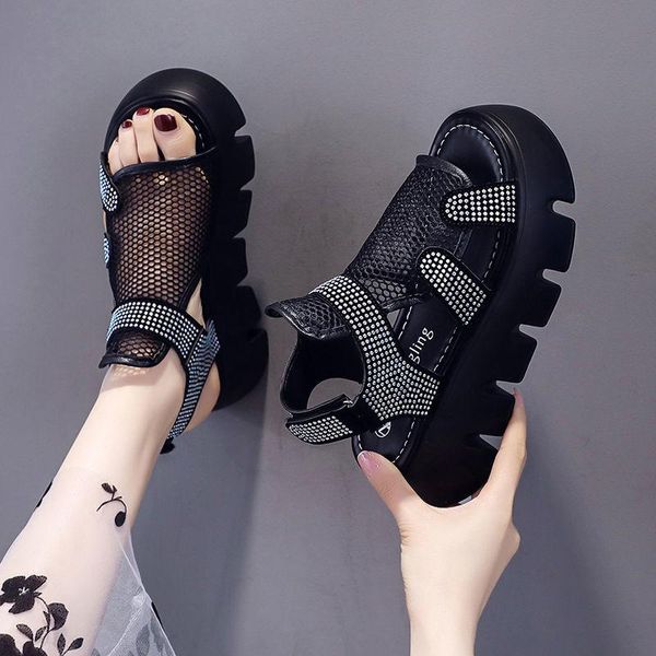 

sandals 2021 summer rhinestone mesh platform shoes buckle strap gladiator thick soled open toe casual women, Black