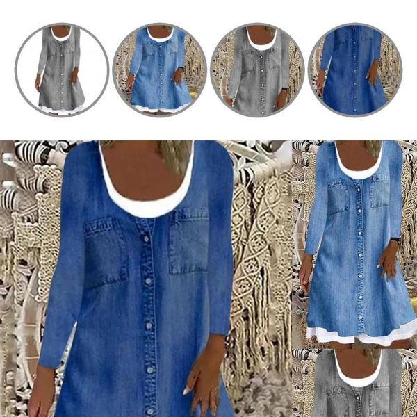 

casual dresses fake two piece large hem dress lady autumn streetwear, Black;gray