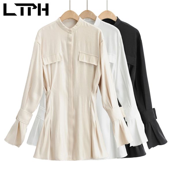 

ins fashion shirt style satin dress simple vintage single breasted flare sleeve small stand collar dresses spring 210427, Black;gray