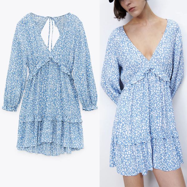 

dresses blue animal print mini women long sleeve ruffle spring woman chic backless party es, Black;gray