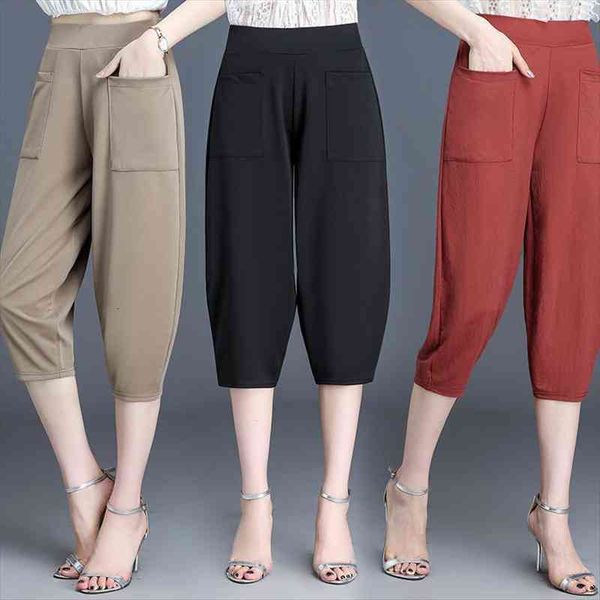 

women cropped trousers elastic waist harem pants women casual pants summer slim capri short, Black;white