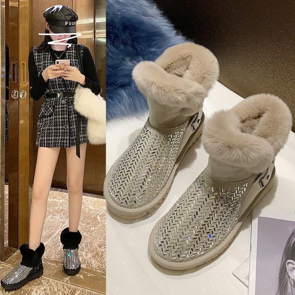 

boots snow fashion rhinestones plus velvet thick warm short cotton women comfortable and versatile selling, Black