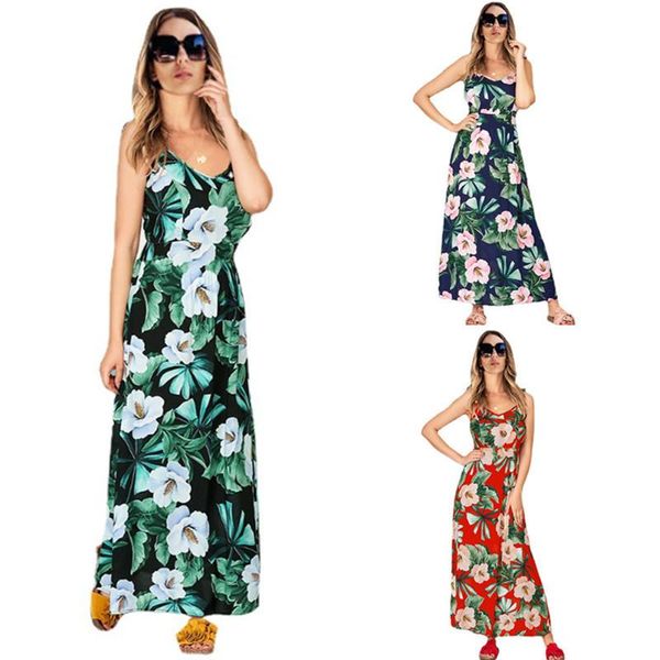 

casual dresses 2021 summer strap v neck sleeveless sling floral print boho beach dress women lace up off shoulder long vestidos, Black;gray