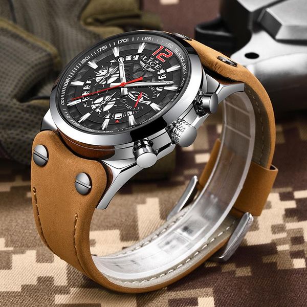 

reloj hombre 2021 casual leather quartz watches mens business brand waterproof wrist watch for men sport chronograph+box wristwatches, Slivery;brown