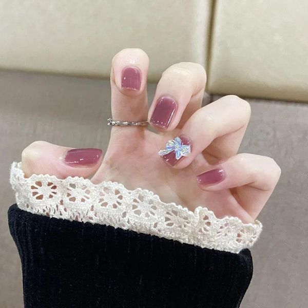 

false nails 24pcs jelly color aurora wear short paragraph fashion manicure wearable full cover with glue, Red;gold