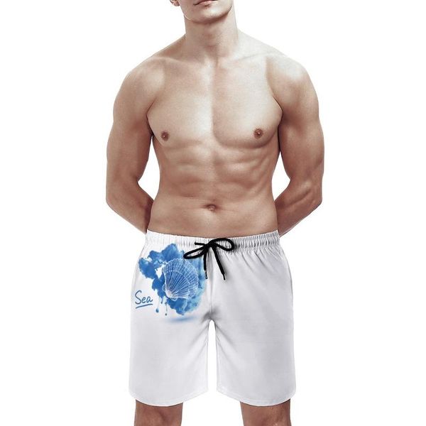 

sea shell print men's cool beach shorts summer swim trunks quick dry mesh lining board with pockets, White;black