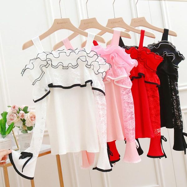 

women's blouses & shirts women shirt autumn winter flower lace blouse slash neck off shoulder lady bow flare sleeve ruffles short, White