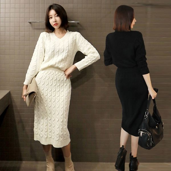 

autumn women loose knitted sweater pullovers v neck long sleeve + mid-length waves skirt set 2 pieces clothing sets 210514, White