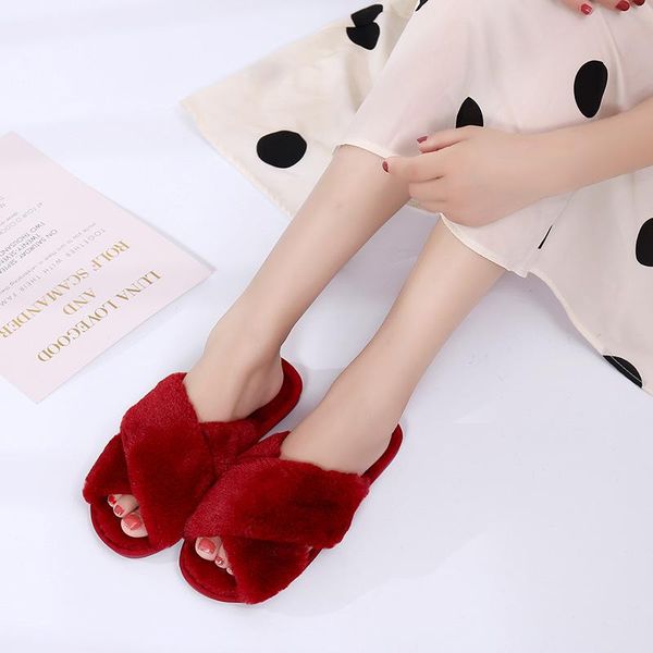 

cross plush slippers indoor warm cotton fur women shoes house slipper, Black