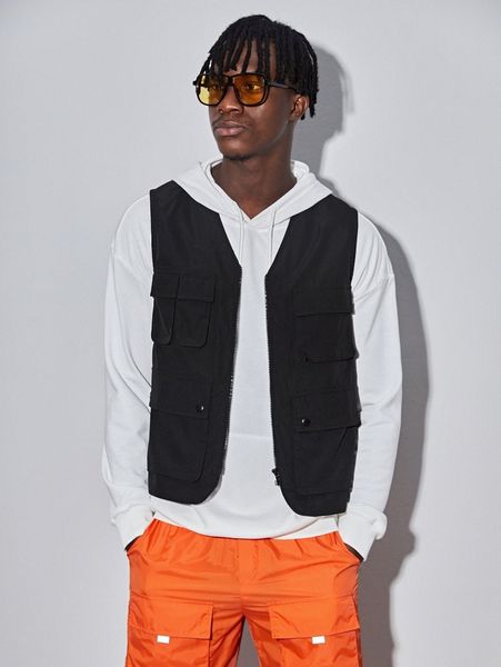 

men solid zipper up flap pocket sleeveless jacket 16ux#, Black;brown