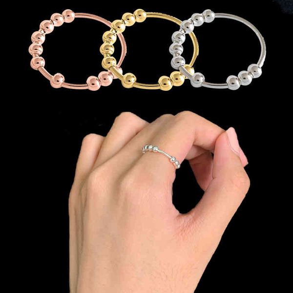 

band women spinner fidget beads for anxiety worry peace relieving stress stainless steel rings s m l, Silver