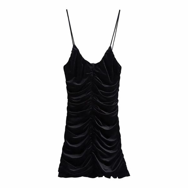 

autumn winter women dress velvet v-neck thin strap sleeveless drap mini elegant fashion casual es 210420, Black;gray