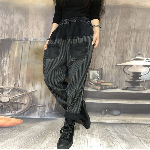 

2011autumn new arts style women elastic waist loose casual jeans splice vintage print cotton denim harem pants female jeans s264, Blue