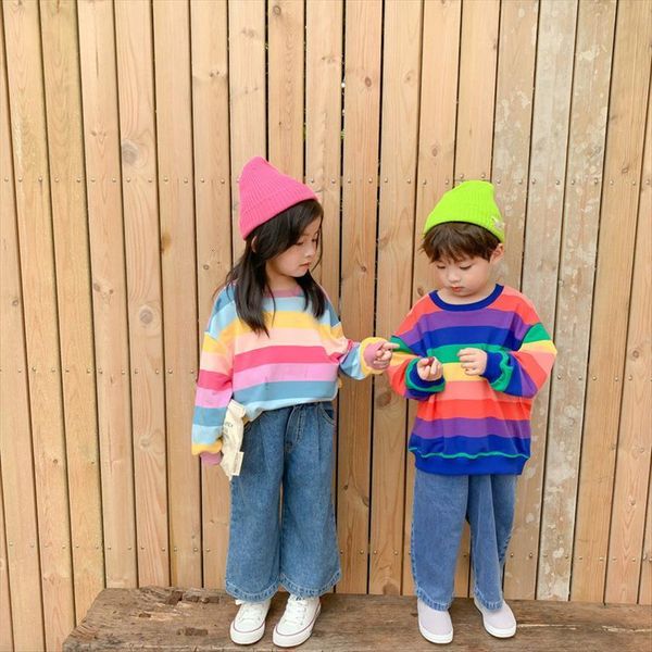 

korean style spring boys girls casual rainbow striped sweatshirts cotton loose pullovers toddler kids, Black