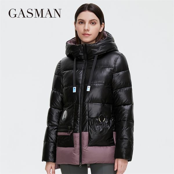 

gasman women's winter jackets short stand-up collar hooded down jacket female fashion stitching color pocket parkas 81058 211215, Black